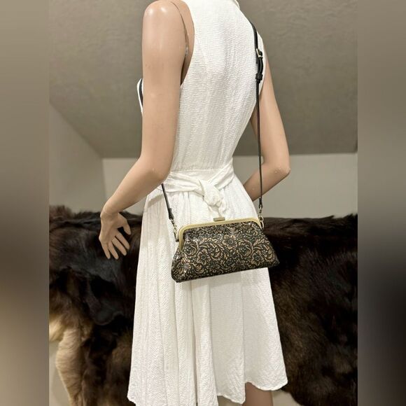 Handmade Floral  Embossed Cowhide Push Lock Clutch, Shoulder Bag, Crossbody - Picture 10 of 16